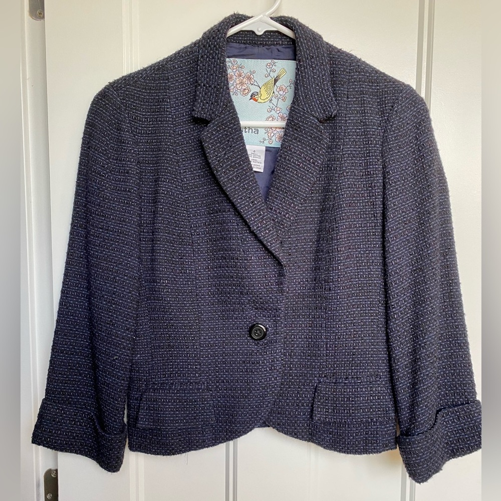 ANTHROPOLOGIE textured crop jacket notched collar, cuff sleeves, button front